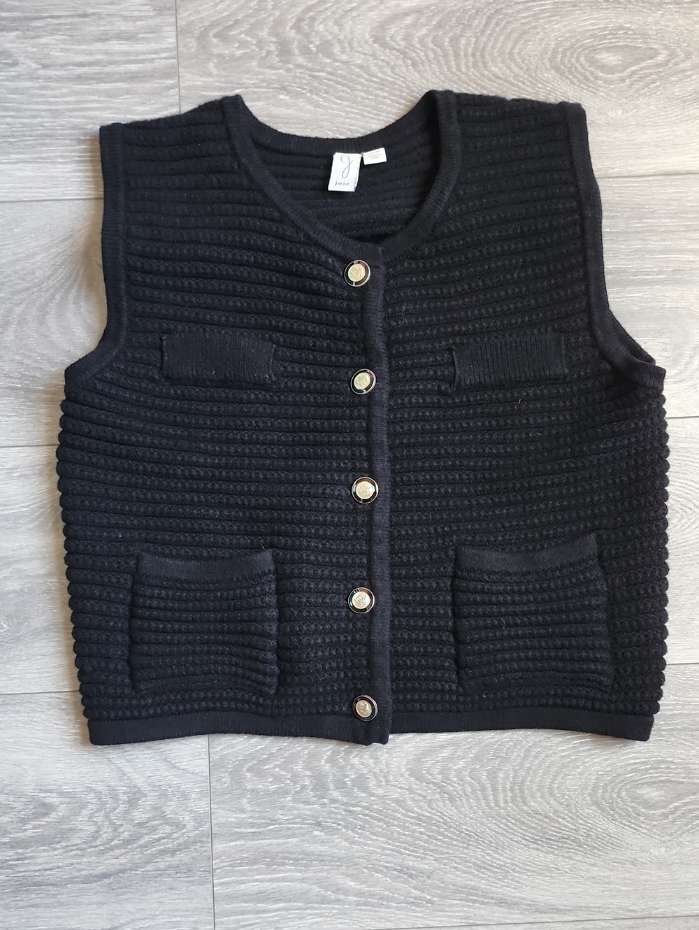 Black Textured Knit Sweater Vest With Gold & Black Buttons Medium Preppy